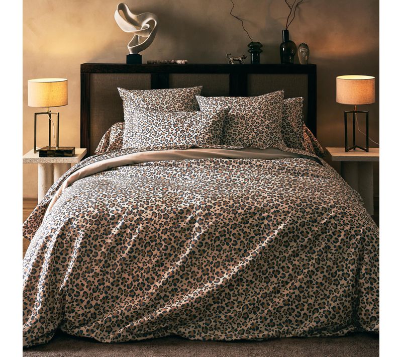Parure De Lit 3 Pièces Percale De Coton Léopard Housse + Taies - 200x200 Cm - Beige