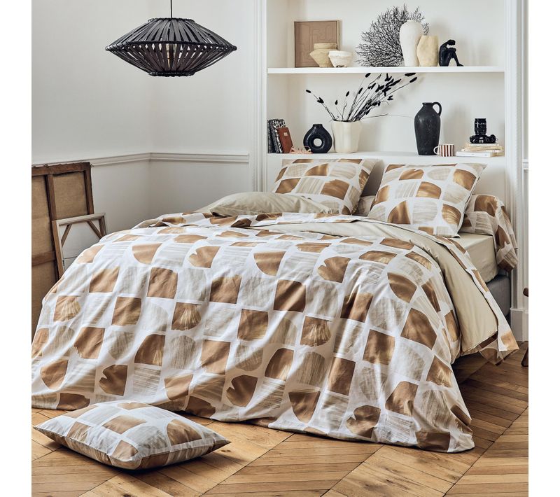 Parure De Lit 2 Pièces Coton Graphique Housse + Taie - 140x200 Cm - Marron Clair