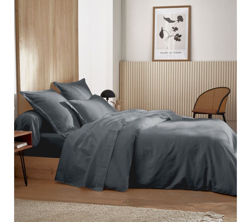 Housse De Couette Satin De Coton Rayures Ton Sur Ton - 280x240 Cm - Gris