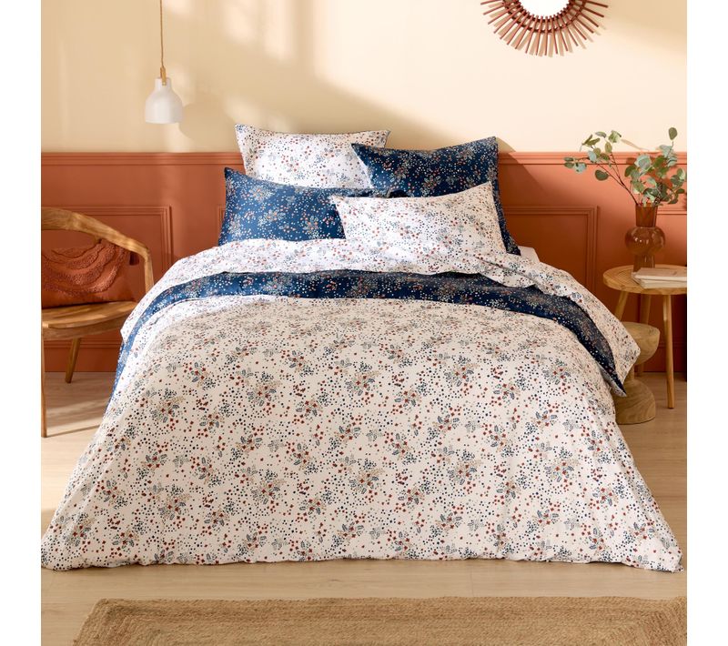 Parure De Lit 2 Pièces Satin De Coton 110 Fils Floral Housse + Taie - 140x200 Cm - Bleu Marine