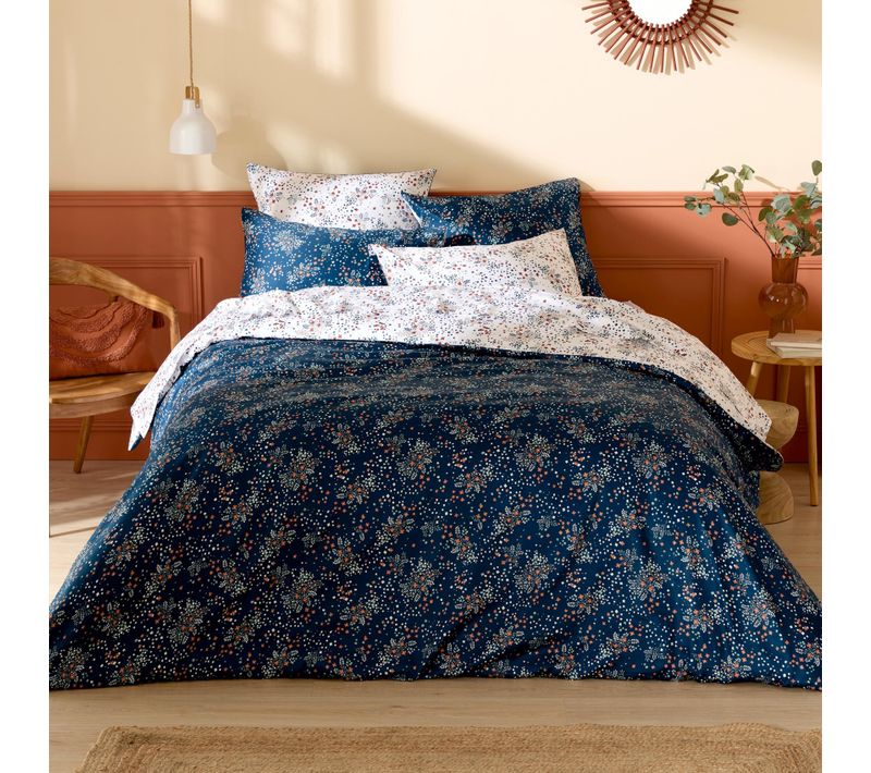 Parure De Lit 3 Pièces Satin De Coton 110 Fils Floral Housse + Taies - 240x220 Cm - Bleu Marine