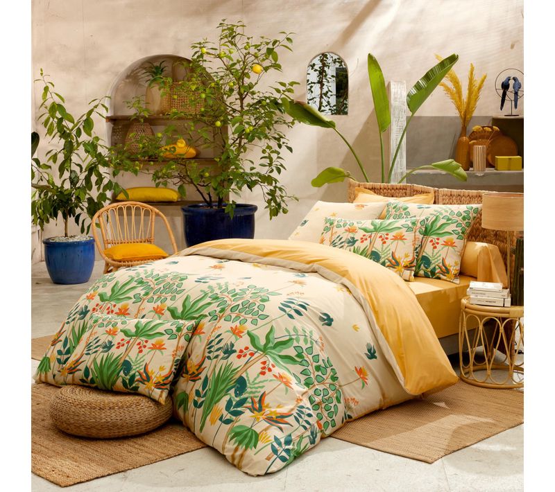 Parure De Lit 3 Pièces Percale De Coton 80 Fils Tropical Housse + Taies - 260x240 Cm - Vert