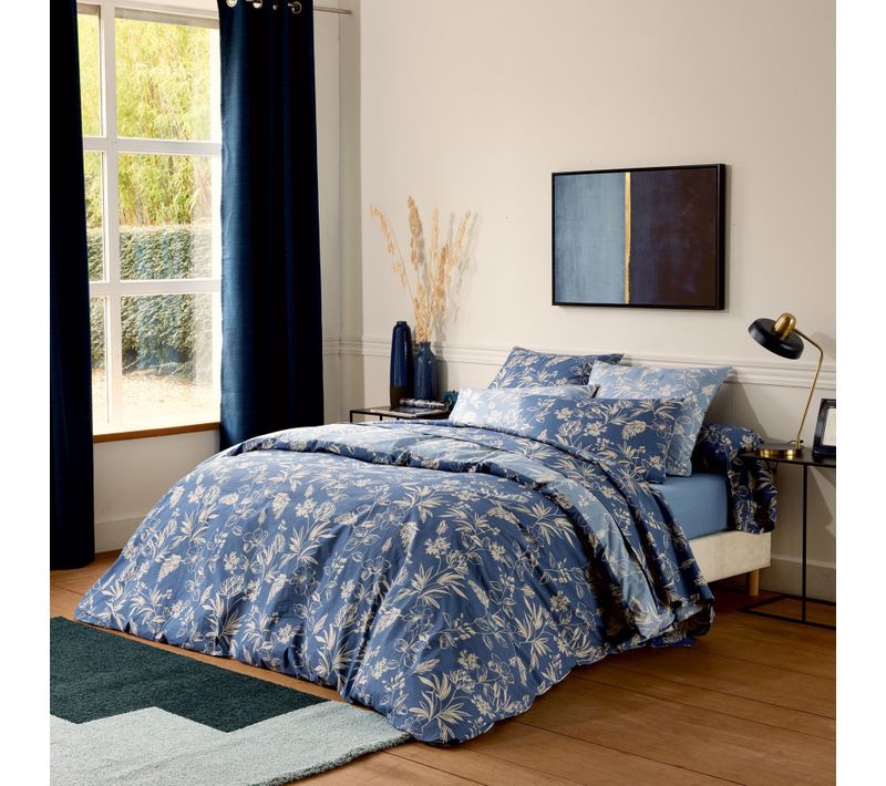 Parure De Lit 3 Pièces Percale De Coton Végétal Housse De Couette + Taies - 240x220 Cm - Bleu