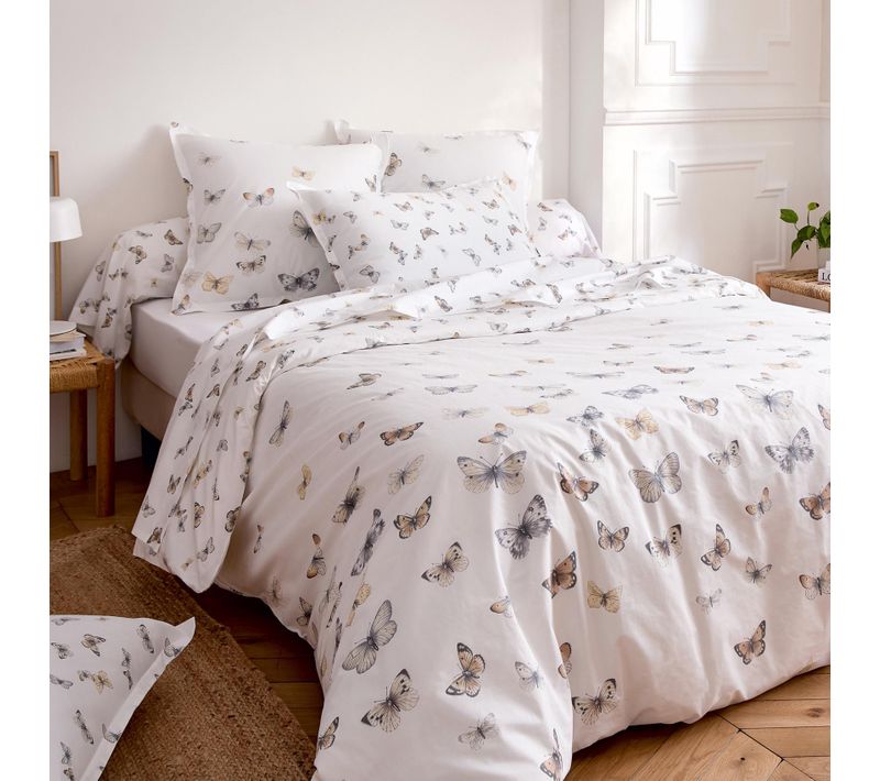 Drap Plat Percale De Coton 80 Fils Motif Papillons - 240x310 Cm - Blanc