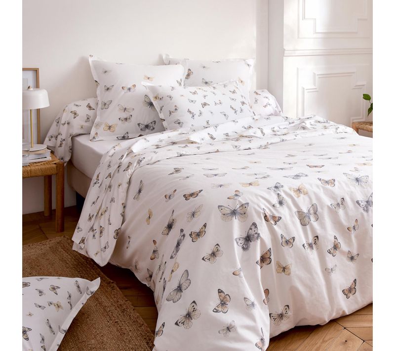 Housse De Couette Percale De Coton 80 Fils Motif Papillons - 200x200 Cm - Blanc