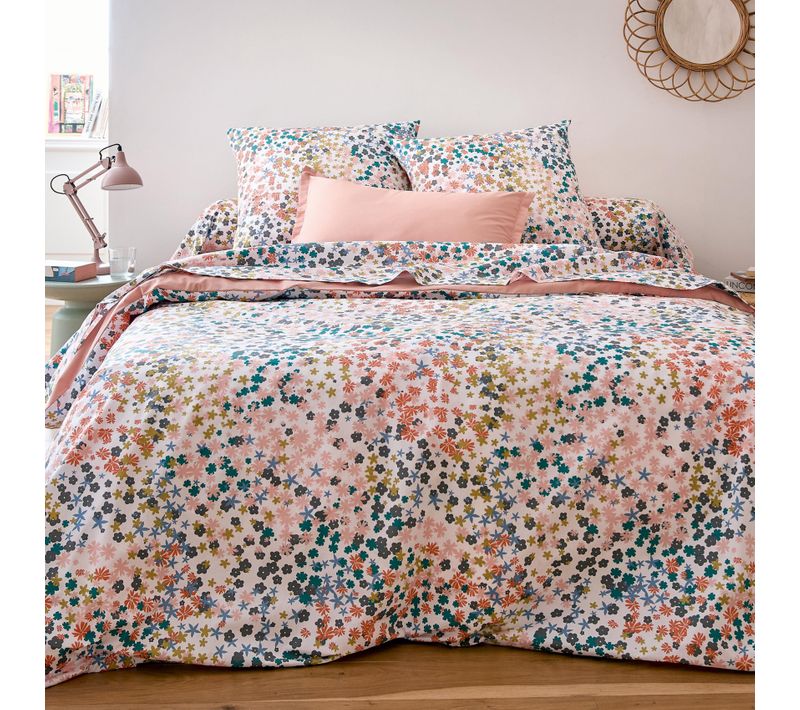 Housse De Couette Percale De Coton 80 Fils Motif Floral - 200x200 Cm - Rose