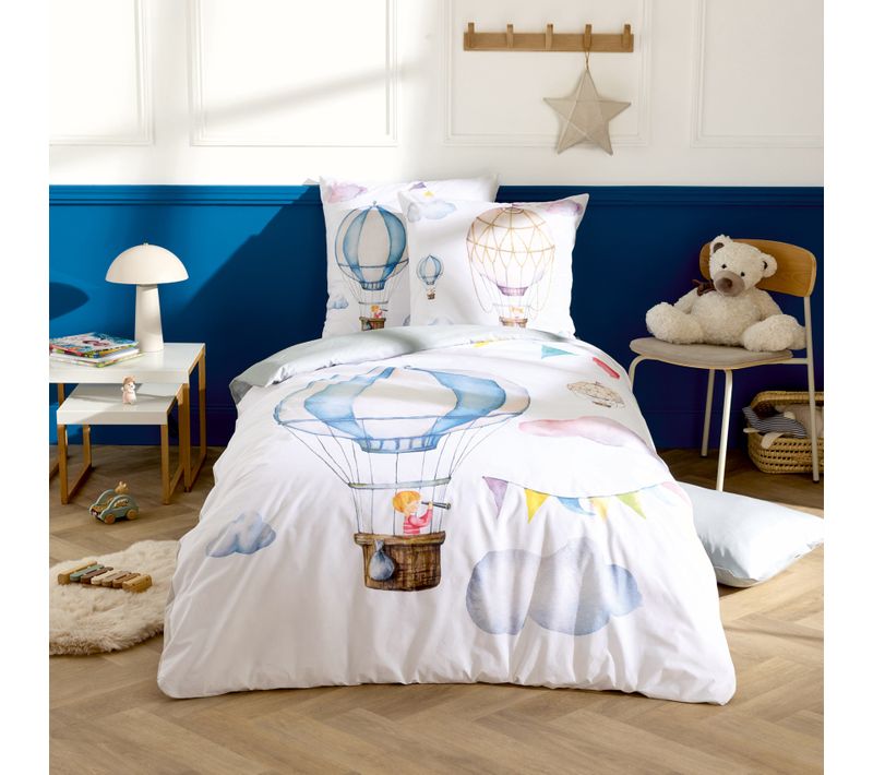 Housse De Couette Enfant Percale De Coton Montgolfière - 140x200 Cm - Bleu