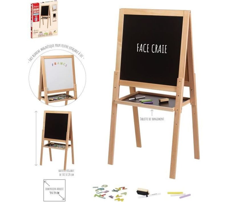 Grand Tableau Multifonctions En Bois – 54 X 54 Cm, Craie et Tableau Blanc Magnétique