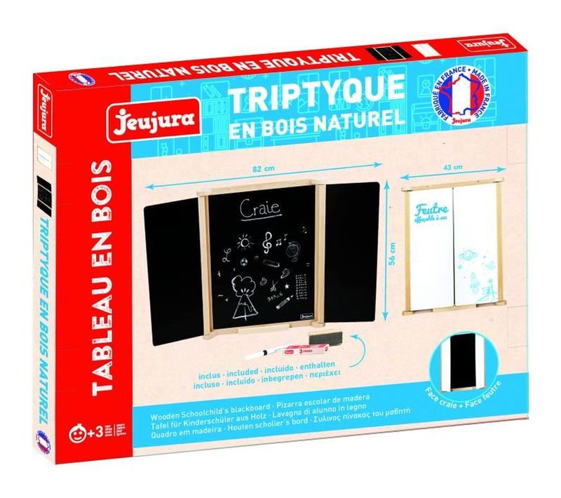 Tableau Triptyque Mural Bois Naturel - Ardoise et Feutre Effaçable, 82 X 56 Cm