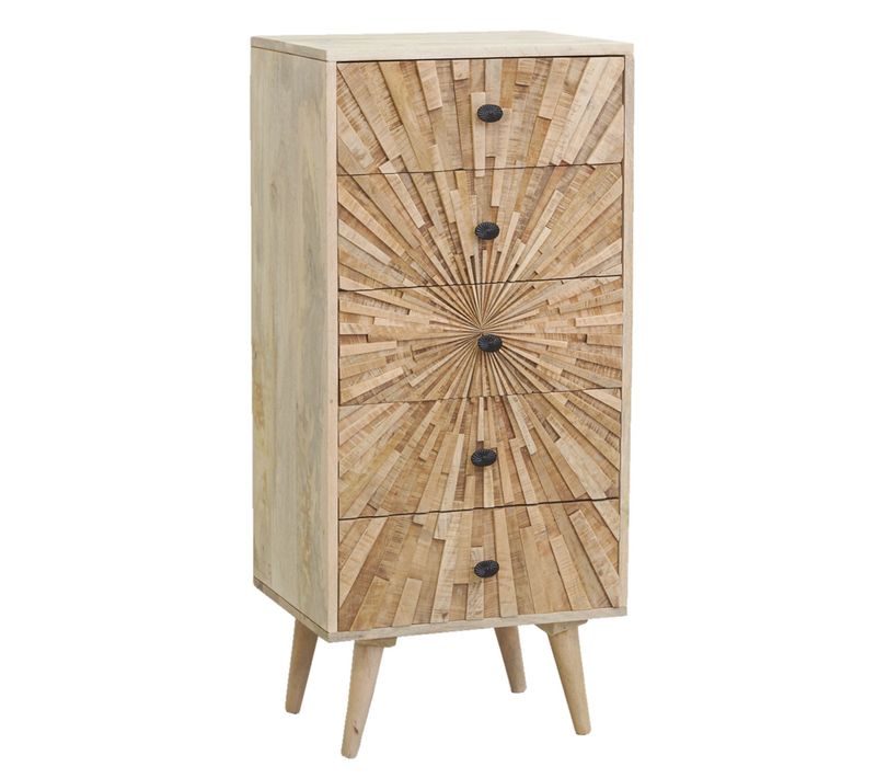 Commode En Manguier Sculpté Sunrise 5 Tiroirs