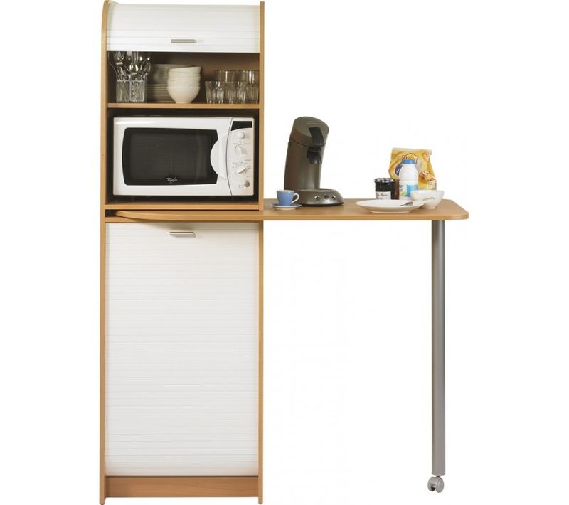 Rangement Et Table De Cuisine Pivotante 5 Niches L 131.1 H 180.7 P 60 Cm - Hêtre + Rideau Blanc