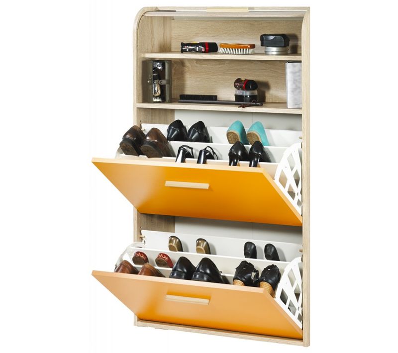 Meuble à Chaussures Chêne Abattants Oranges - Coloris Rideau: Rideau Blanc