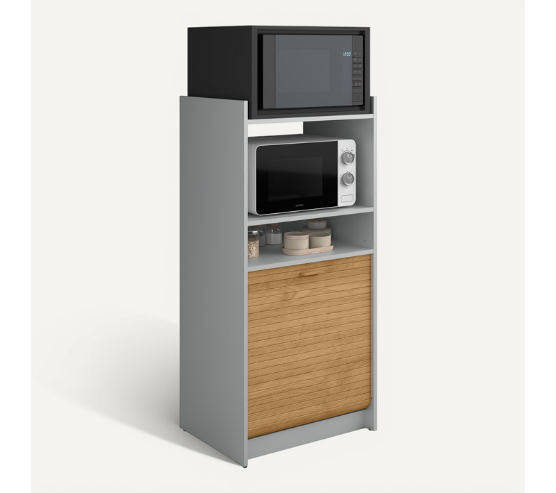 Meuble De Rangement De Cuisine Pour Micro-ondes Et Four, Alu/chêne, L.60 Cm X Ht. 127 Cm X P. 45 Cm
