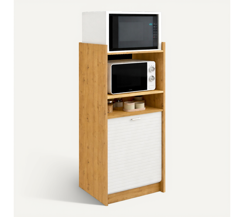 Meuble De Cuisine Pour Micro-ondes Et Four, Chêne/blanc, L.60 Cm X Ht. 127 Cm X P. 45 Cm