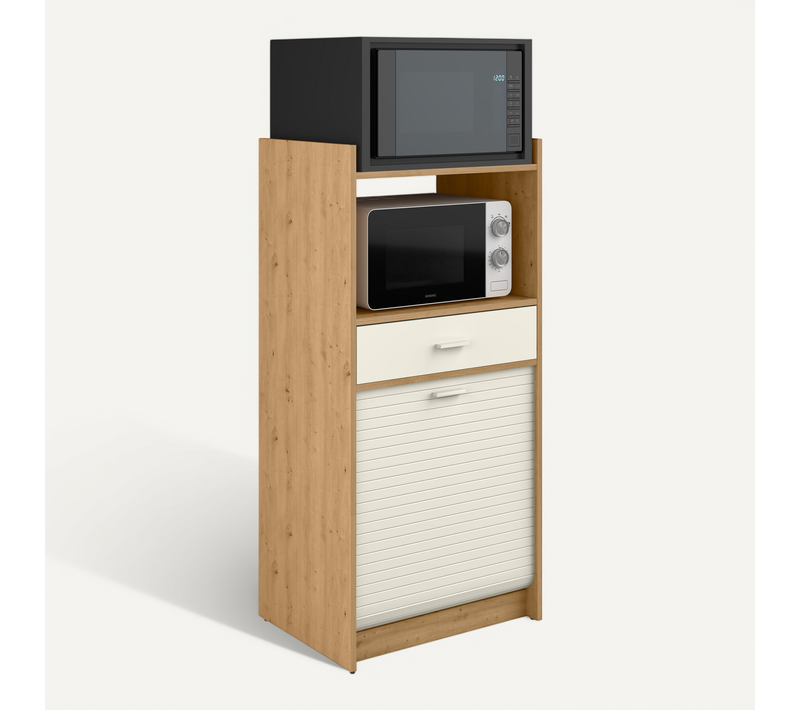 Meuble Pour Micro-ondes Et Four Avec Tiroir, Chêne/blanc, L.60 Cm X Ht. 127 Cm X P. 45 Cm