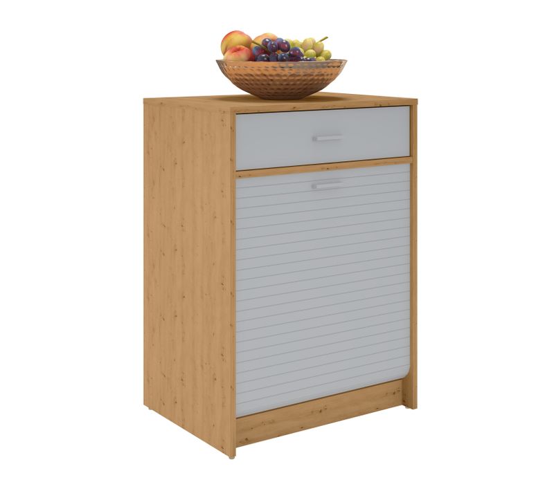 Meuble Bas De Cuisine Avec Tiroir Et Rideau Coulissant, Chêne Et Alu, L.60 Cm X Ht.85 Cm X P.45 Cm