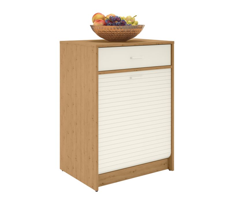 Meuble Bas De Cuisine Avec Tiroir Et Rideau Coulissant, Chêne Et Blanc, L.60 Cm X Ht.85 Cm X P.45 Cm