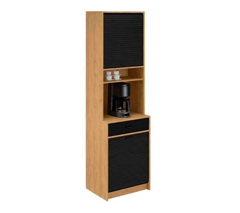 Colonne De Cuisine Rangement + Espace électroménager Chêne Et Noir L.60 Cm X Ht. 206 Cm X P. 45 Cm
