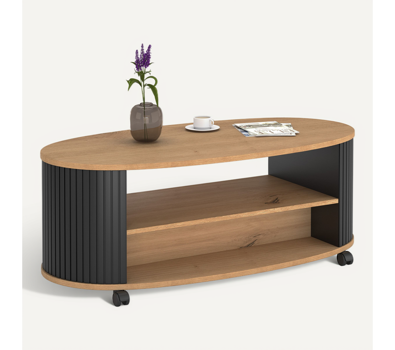 Table Basse Moderne Ovale, Chêne Et Noire, à Roulettes Ou Pieds Vérins, L.120 Cm X L.60 Cm