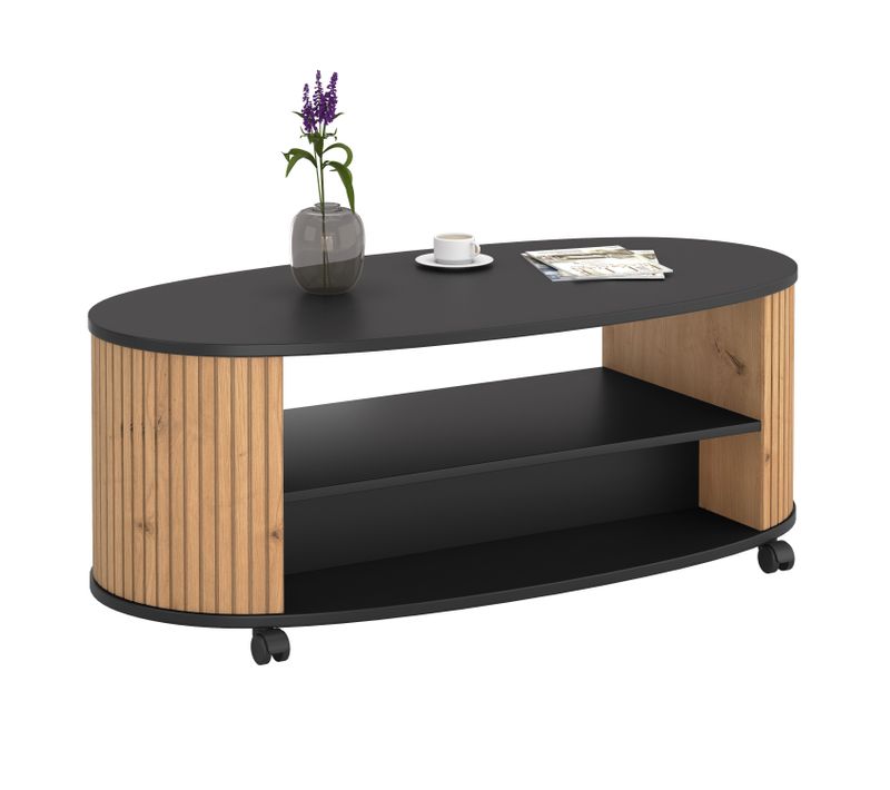Table Basse Moderne Ovale, Noire Et Chêne, à Roulettes Ou Pieds Vérins, L.120 Cm X L.60 Cm