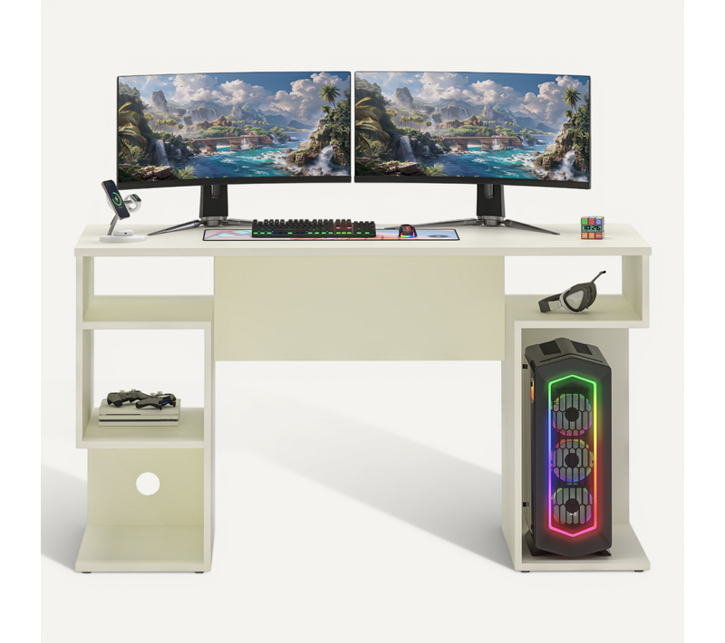 Bureau Gamer 135 Cm Plateau Blanc Structure Blanche