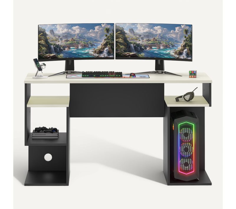 Bureau Gamer 135 Cm Plateau Blanc Structure Noire