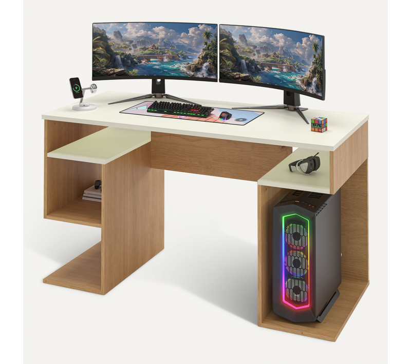 Bureau Gamer 135 Cm Plateau Blanc Structure Chêne