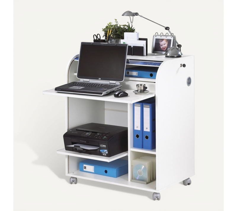 Bureau Informatique Blanc à Roulettes 5 Niches L 79.2 H 93.8 P 53.2 Cm - Coloris: Zonk Pow 400