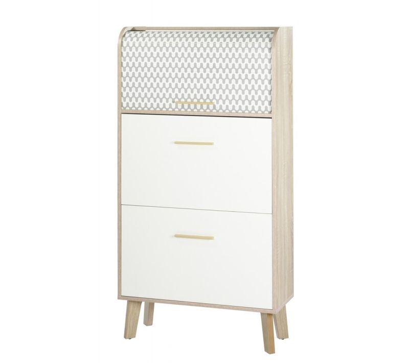 Meuble à Chaussures Chêne 2 Abattants Blancs 1 Rideau 75,2 X 143,1 X 30,6 Cm - Vagues Grises 810