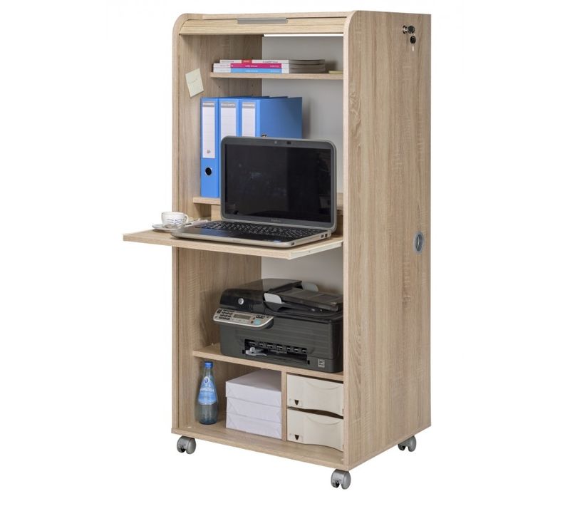 Armoire Informatique Mobile Chêne 2 Tiroirs 5 Niches L 65.2 H 139.9 P 53.1 Cm - Drapeau Suisse 650