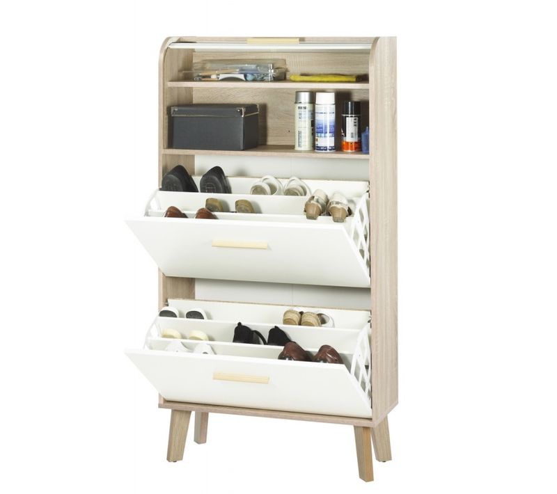 Meuble à Chaussures Chêne 2 Abattants Blancs 1 Rideau 75,2 X 143,1 X 30,6 Cm - Rideau Blanc