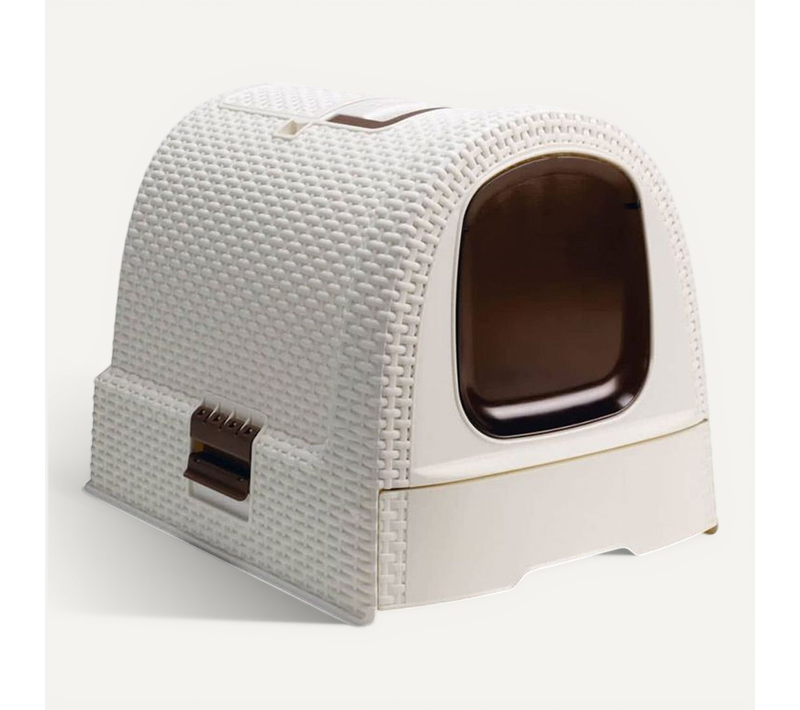 Maison De Toilette Pour Chat Couverte - Tiroir Coulissant, Aspect Rotin, 51 X 38,5 X 39,5 Cm