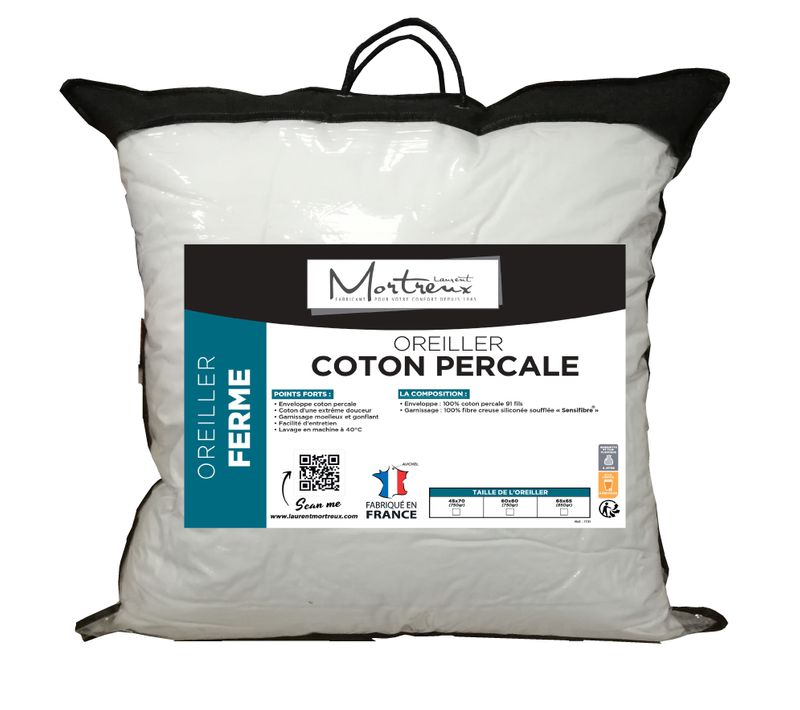 Oreiller Coton Percale - 60 X 60 - 650grs Ferme - Toutes Saisons