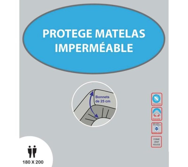 Protège Matelas Imperméable, 180x200 cm, Blanc, 100% Polyester, Bonnet De 25cm