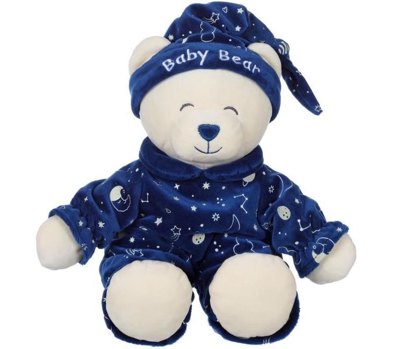 Peluche Ourson Phosphorescent 24 Cm – Pyjama Bleu Nuit, Boîte Cadeau