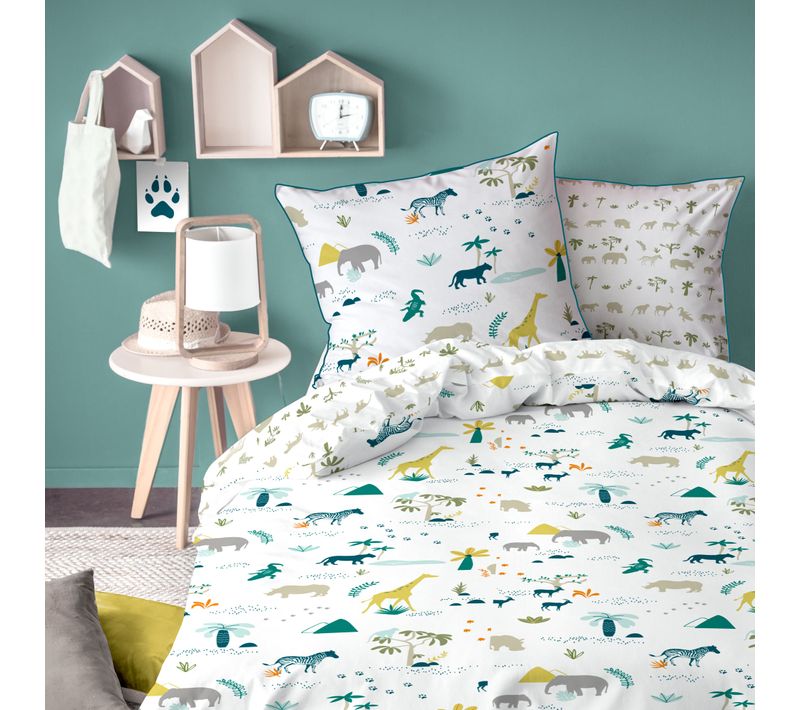 Parure De Lit Imprimée 100% Coton, Safari Blanc 140x200+63x63cm