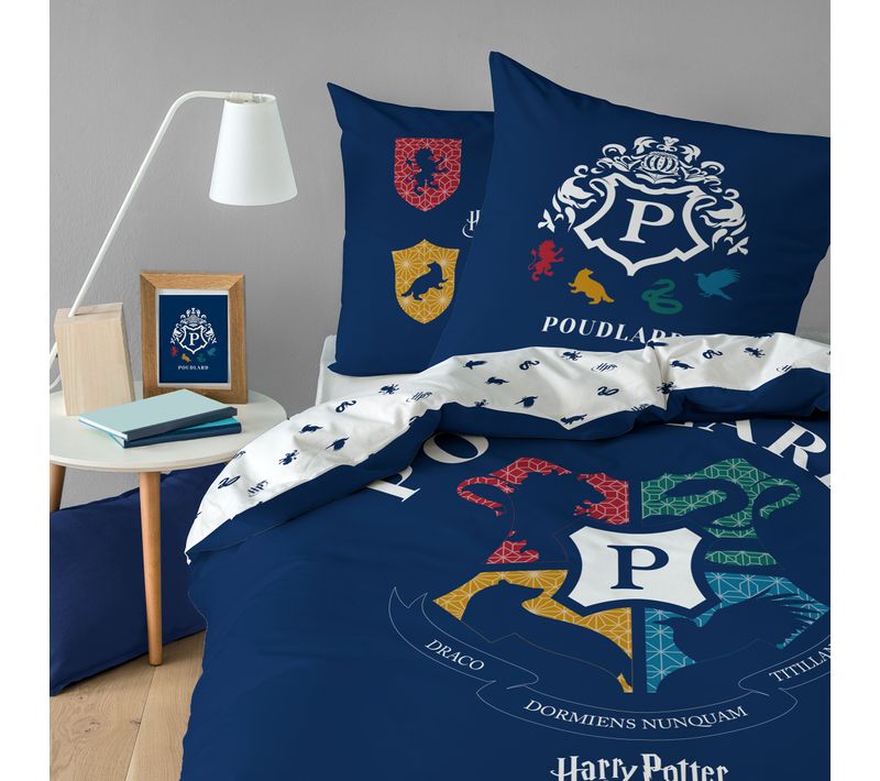 Parure De Lit Imprimée 100% Coton, Harry Potter Blason Bleu Marine 240x220+2x63x63cm