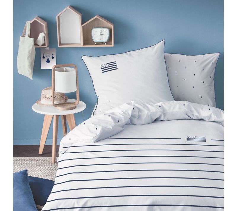 Parure De Lit Imprimée 100% Coton, Bretagne Gwenn Ha Du Blanc 140x200+63x63cm