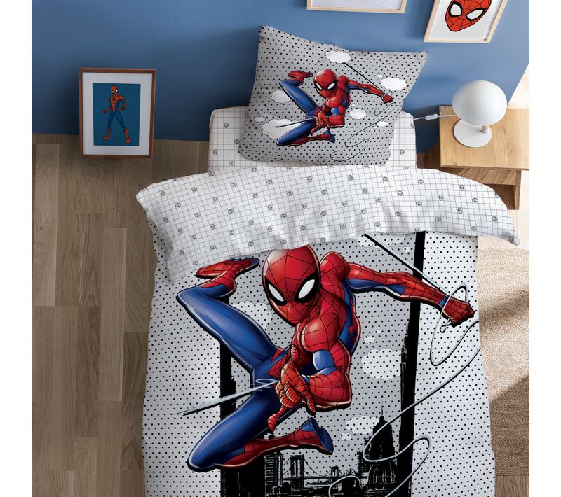 Parure De Lit Imprimée 100% Coton, Spiderman Home Hero Gris 140x200+63x63cm