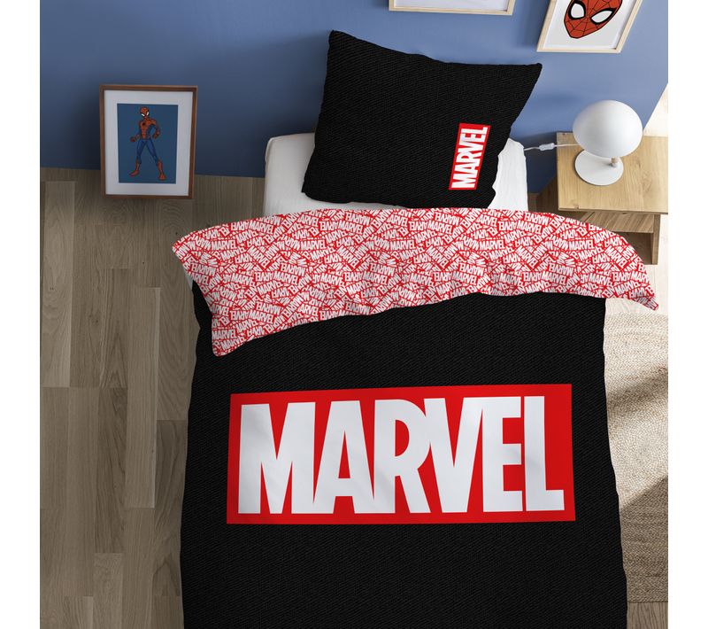 Parure De Lit Imprimée 100% Coton, Marvel Home Identity Noir, Rouge 140x200+63x63cm