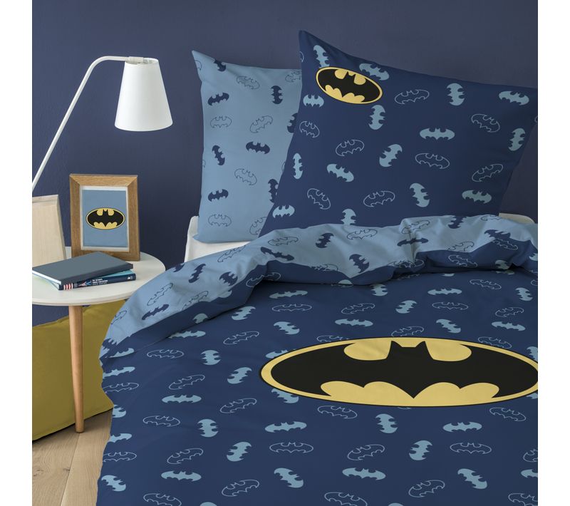 Parure De Lit Imprimée 100% Coton, Batman Iconic Bleu Nuit 240x220+2x63x63cm