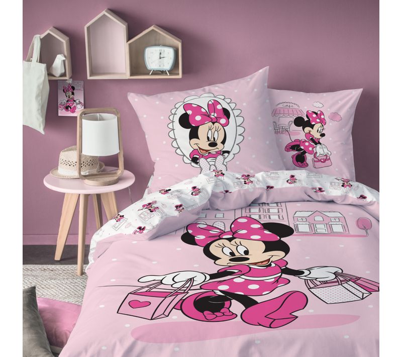 Parure De Lit Imprimée 100% Coton, Disney Home Minnie Shopping Rose 140x200+63x63cm