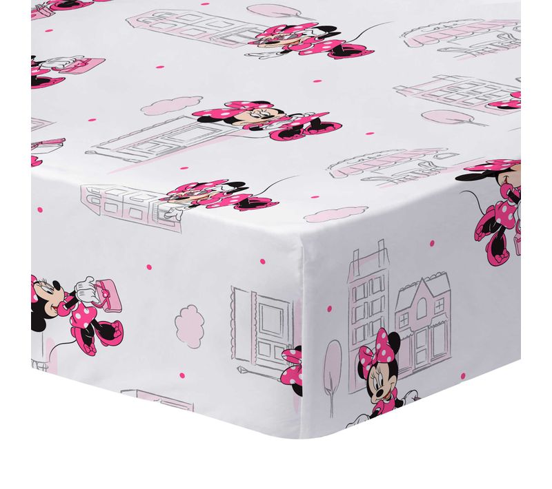 Drap-housse Imprimé 100% Coton, Disney Home Minnie Shopping Blanc 90x190/200cm - Bonnet 30cm