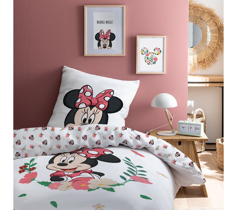 Parure De Lit Imprimée 100% Coton, Disney Home Minnie Flower Blanc 140x200+63x63cm