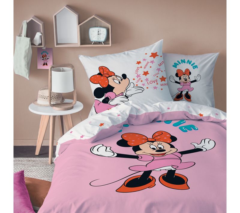 Parure De Lit Imprimée 100% Coton, Disney Home Minnie Happy Rose 140x200+63x63cm