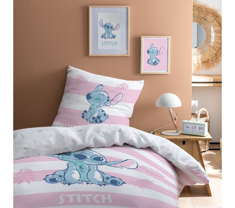 Parure De Lit Imprimée 100% Coton, Disney Home Stitch Stripe Blanc, Rose 140x200+63x63cm