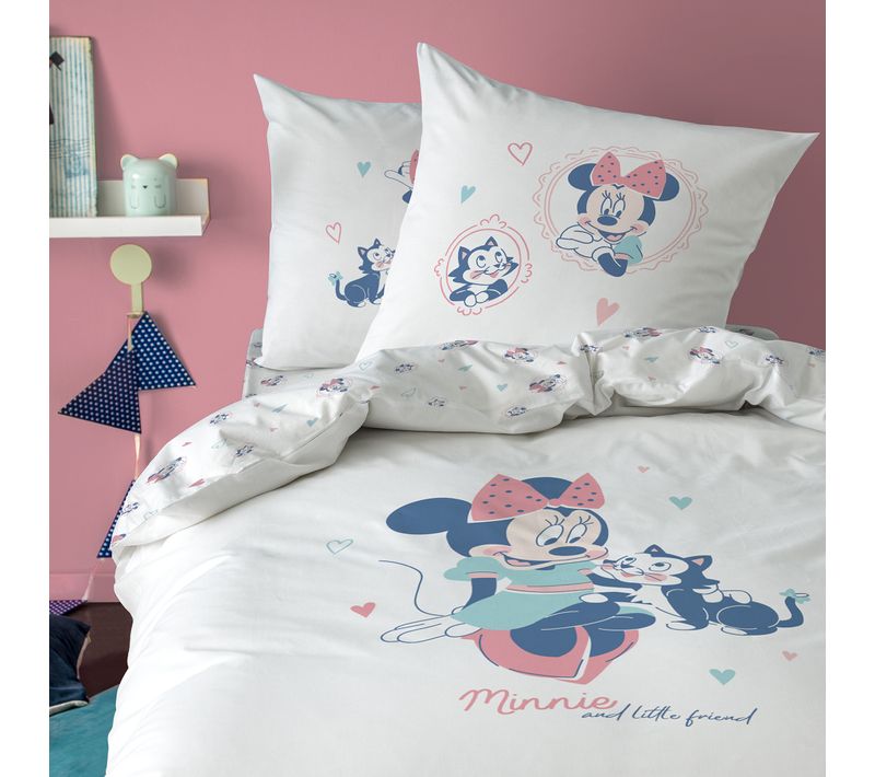 Parure De Lit Imprimée 100% Coton, Disney Home Minnie Little Friend Blanc 140x200+63x63cm