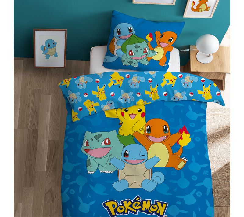 Parure De Lit Imprimée 100% Coton, Pokemon Goodbye Bleu 140x200+63x63cm