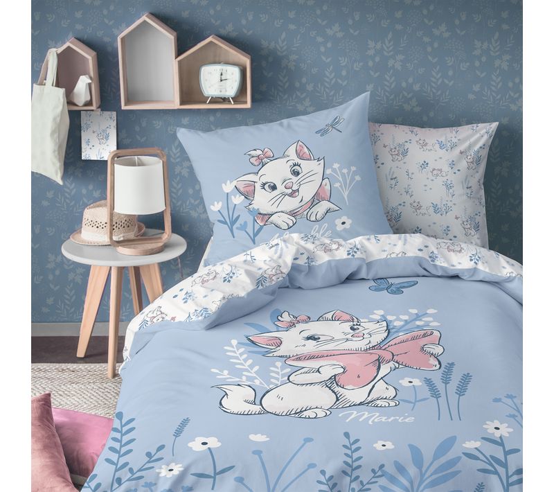 Parure De Lit Imprimée 100% Coton, Disney Home Les Aristochats Spring Bleu 140x200+63x63cm
