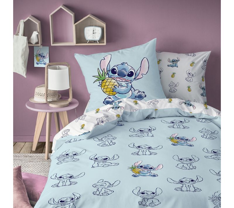 Parure De Lit Imprimée 100% Coton, Disney Home Stitch Ananas Bleu/blanc 140x200+63x63cm